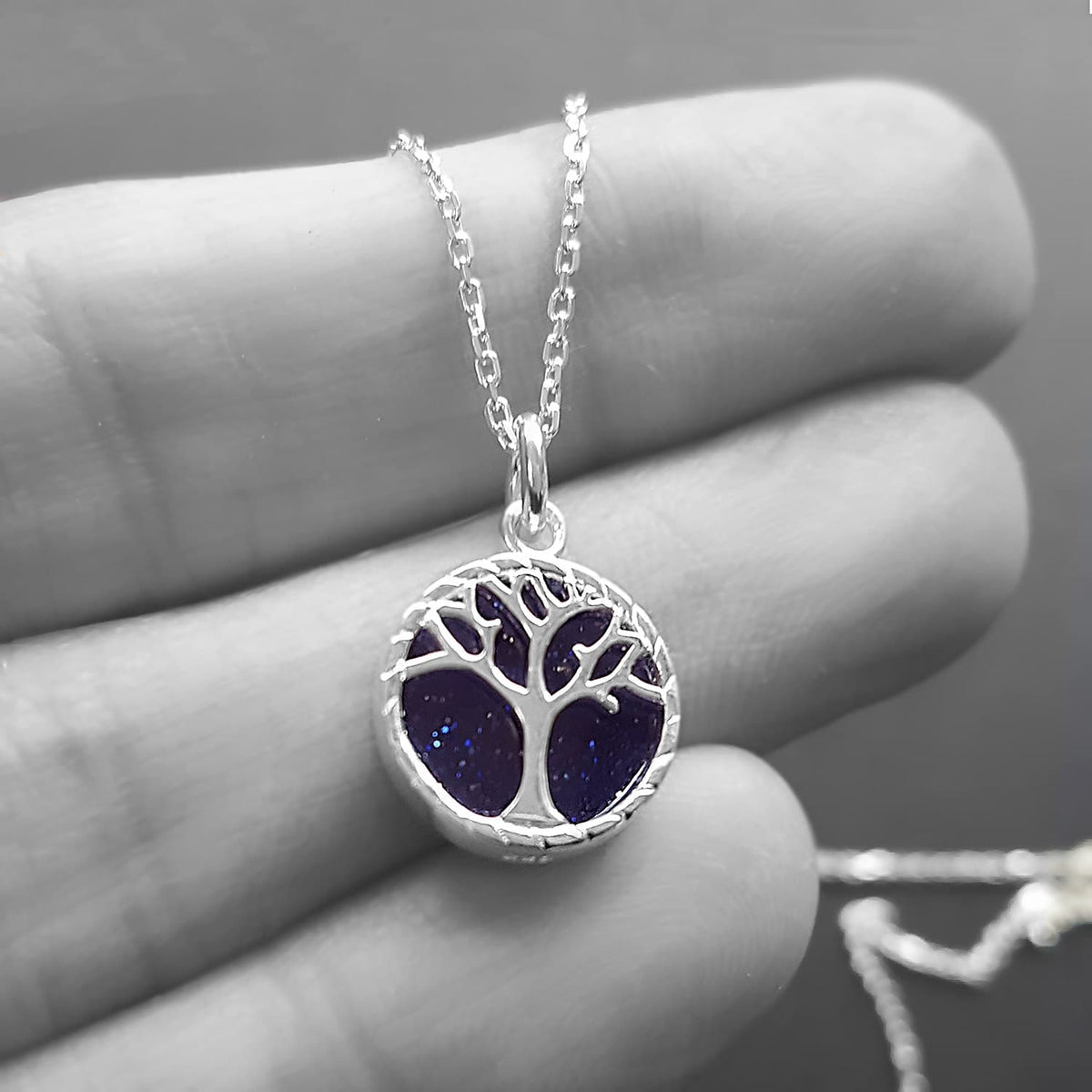 tree of life pendant necklace - silver and blue goldstone