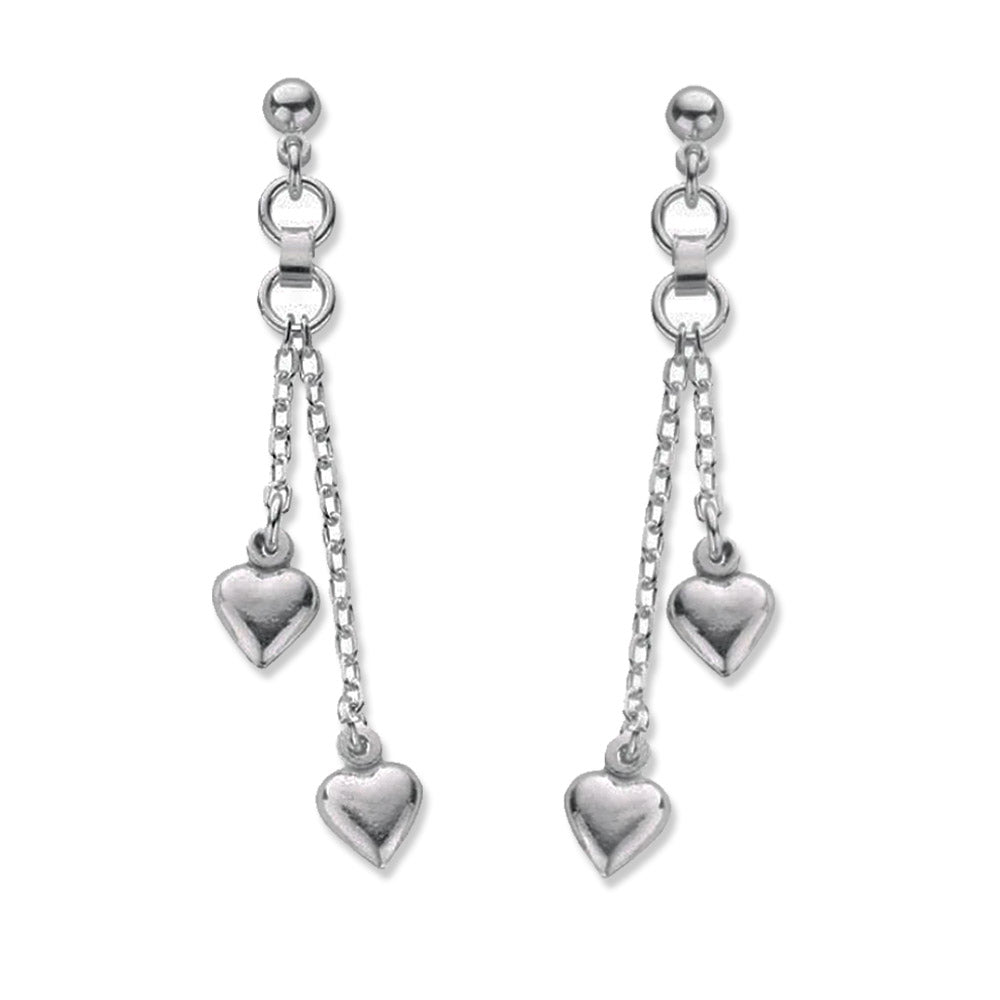 Silver Love Heart Earrings, Dounble Puff Heart Dangle Earrings