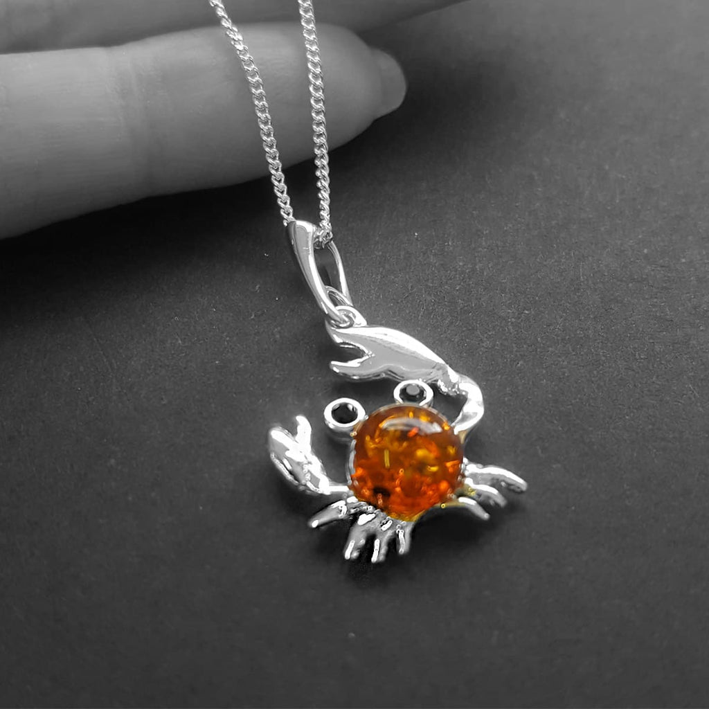 Silver Crab Pendant Necklace With Amber, Sealife Crab Jewellery UK