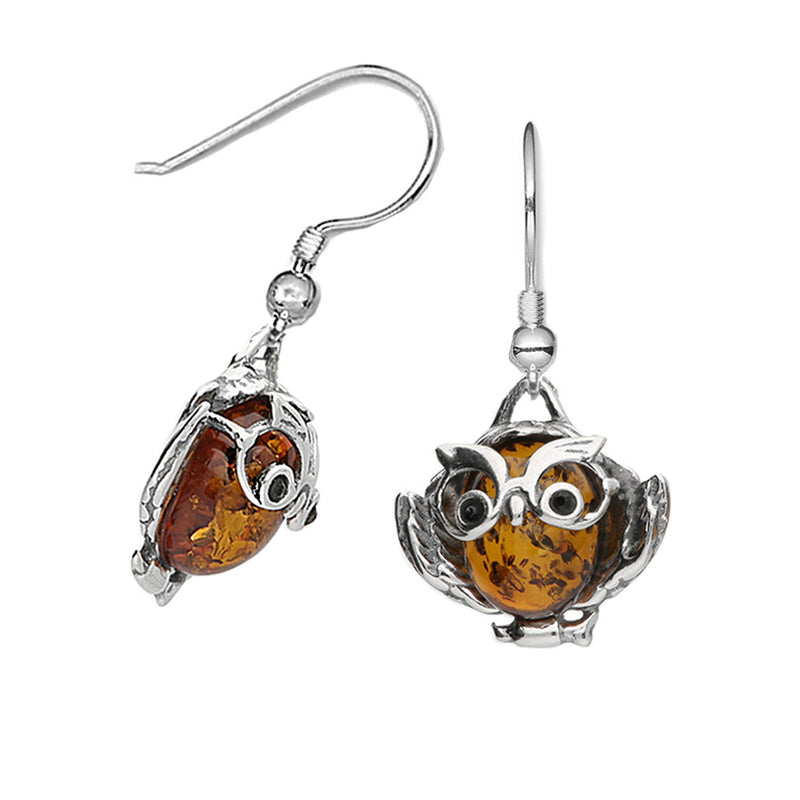 NEW: Amber Wise Owl Earrings, Sterling Silver