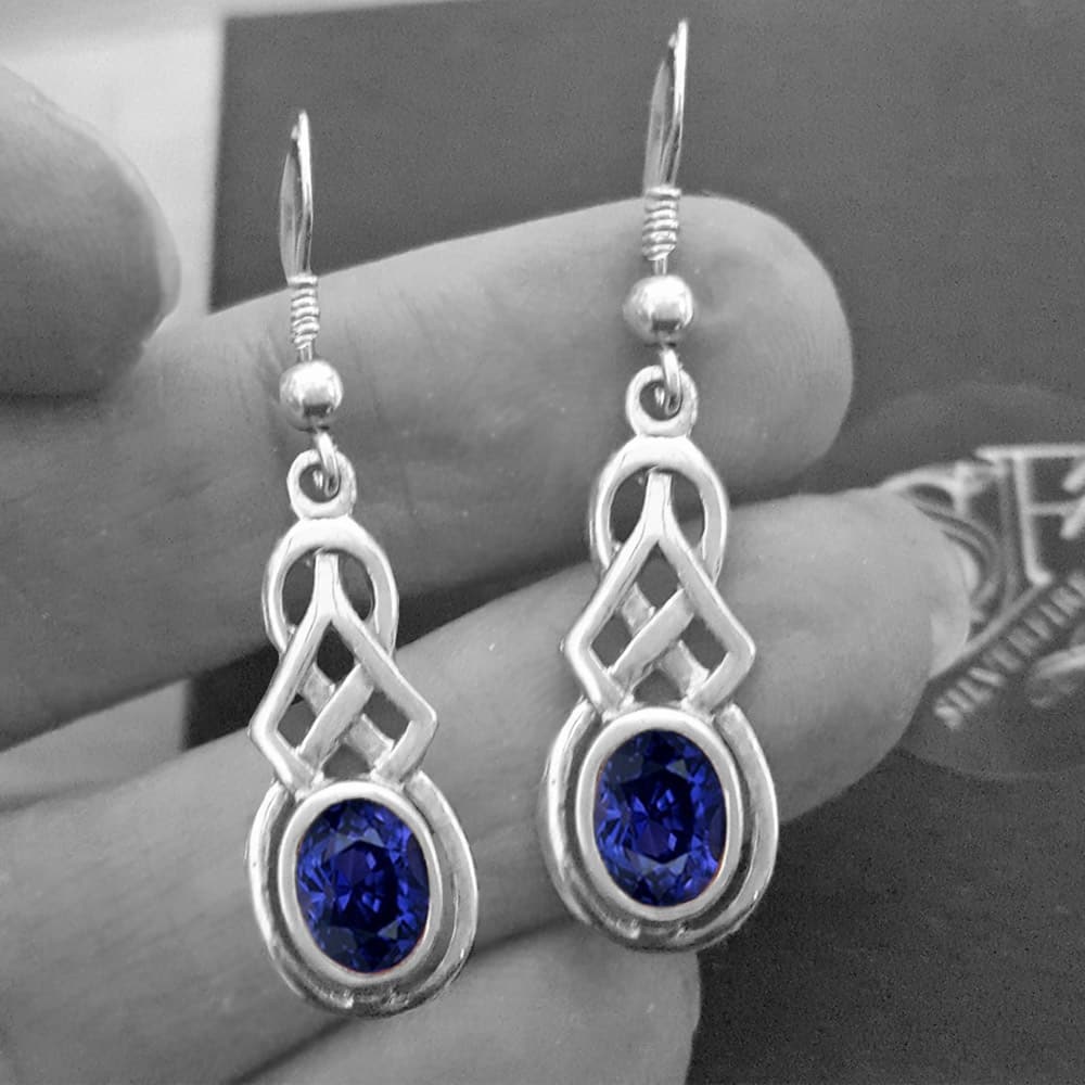 Celtic Earrings Created Blue Sapphire, Silver Celtic Dangle