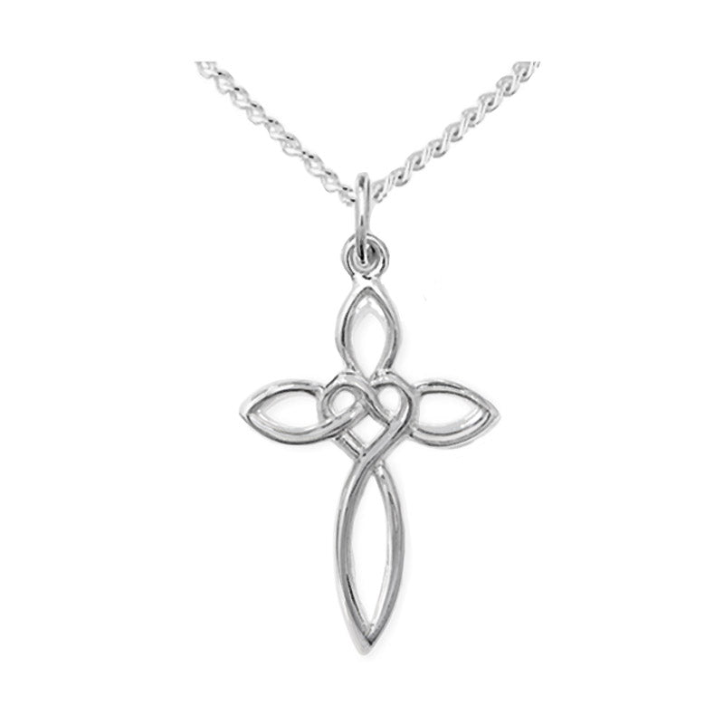 Small Love-Knot Heart Celtic Cross Pendant With Chain, Sterling