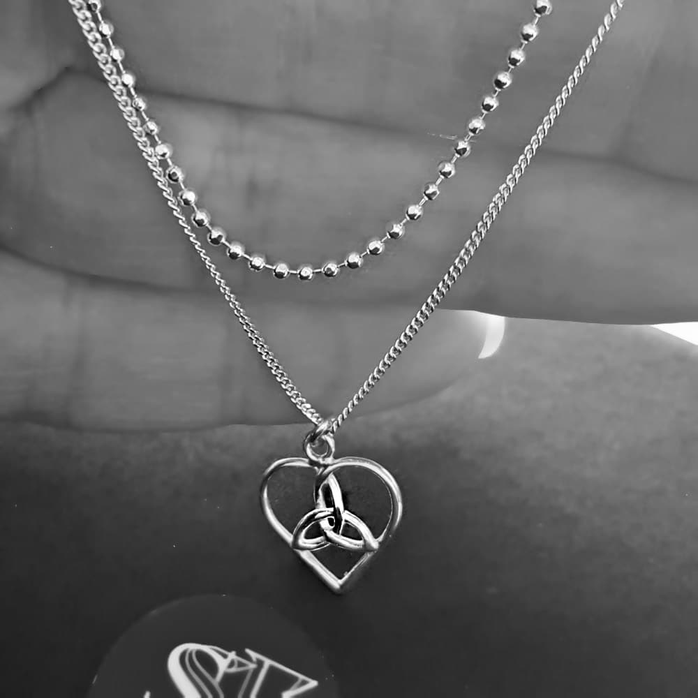 Women's Trinity Heart Silver Choker Double Chain Necklace