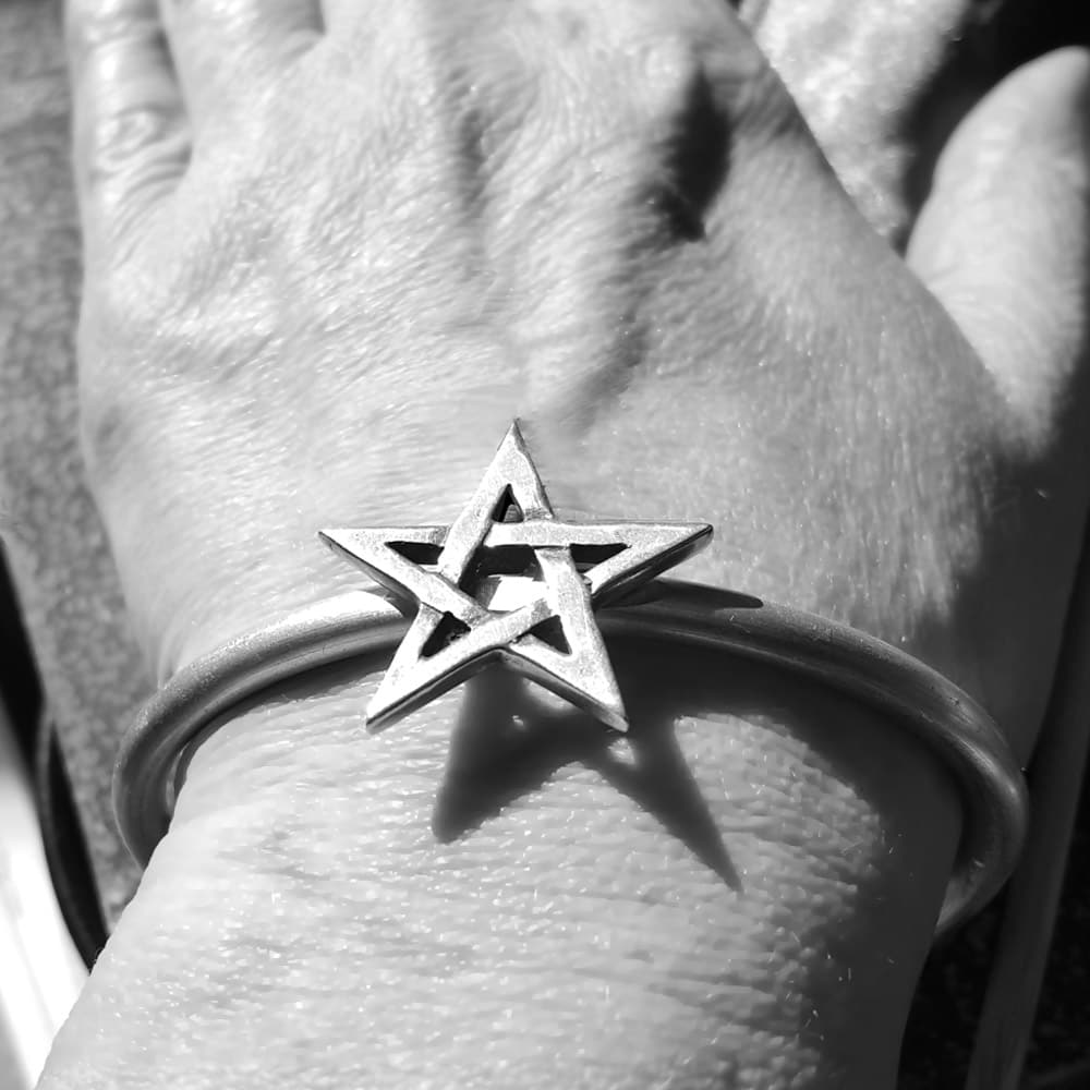wild pentagram cuff bracelet, solid silver cuff bangle with pentagram, a pagan and wiccan witch bracelet