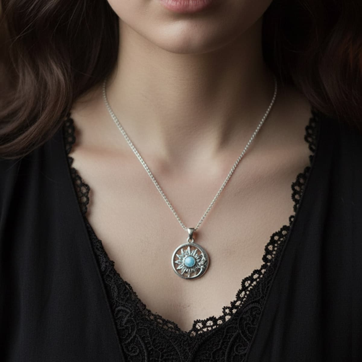 moon flower celestial necklace worn by boho goth model 