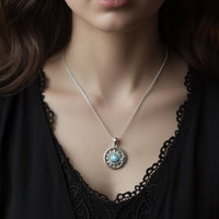 moon flower celestial necklace worn by boho goth model 