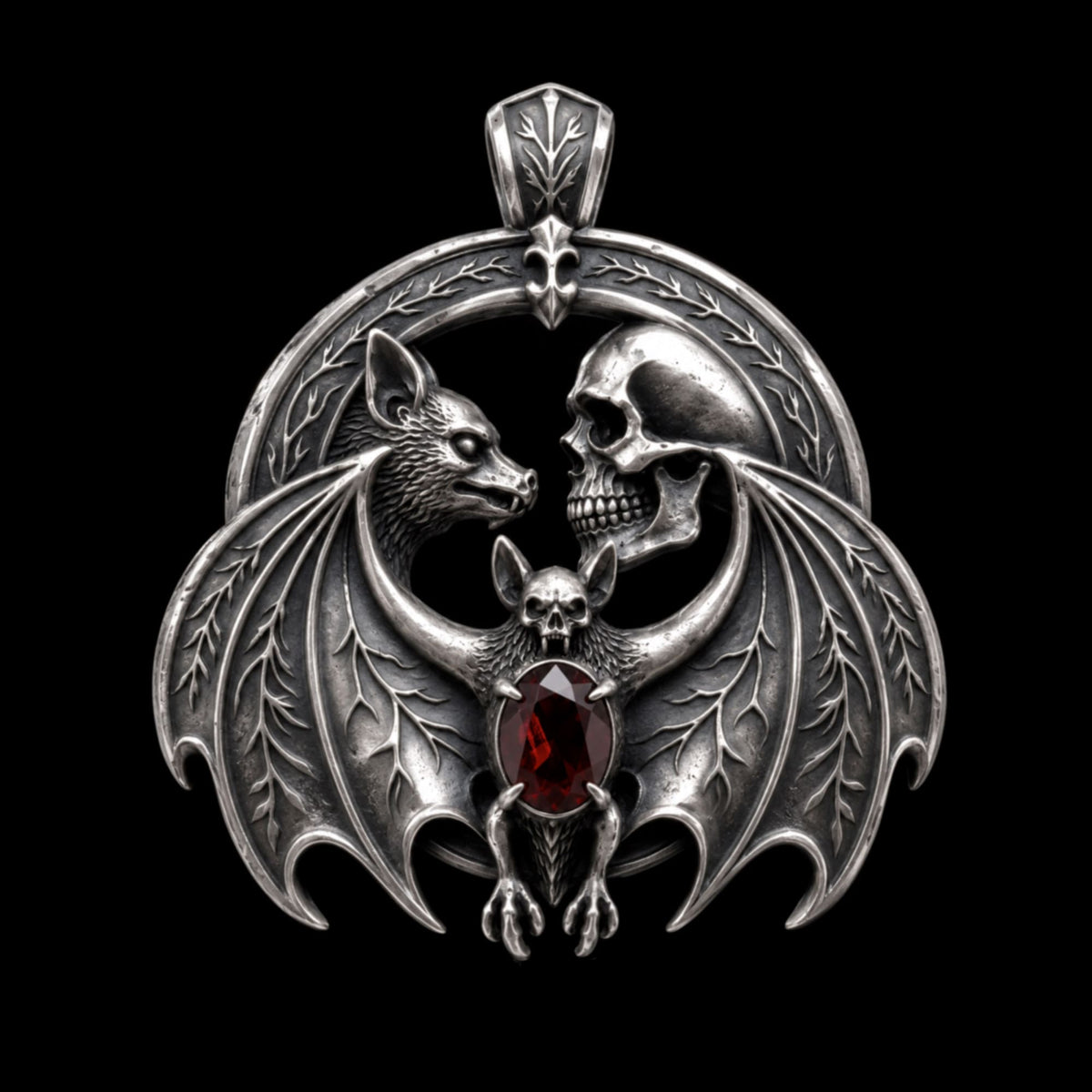 Vespertilio Sigil Pendant, A large gothic silver pendant with vampire bats and a skull, and a claw-set crimson garnet