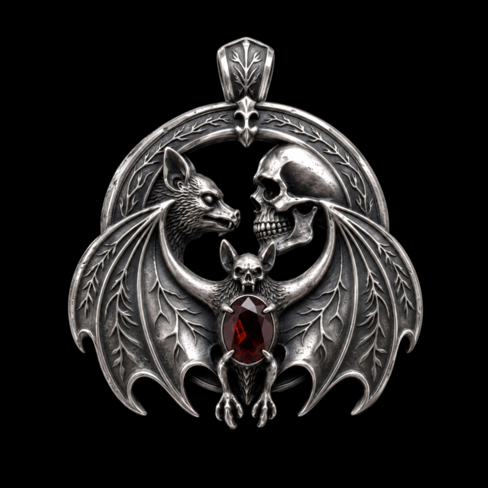 Vespertilio Sigil Pendant, A large gothic silver pendant with vampire bats and a skull, and a claw-set crimson garnet