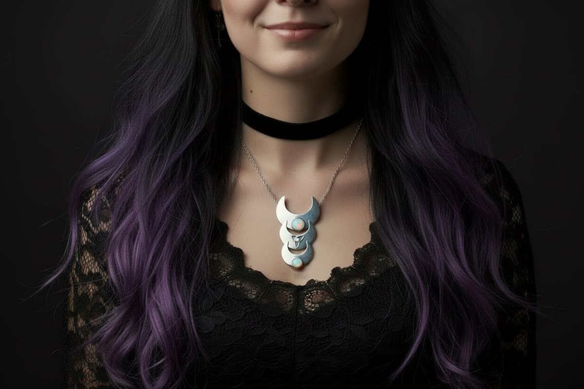 gothic witchy girl wearing large triple moon necklace 