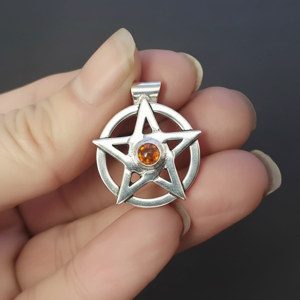 silver pentagram pendant with amber gemstone, pagan wiccan jewellery