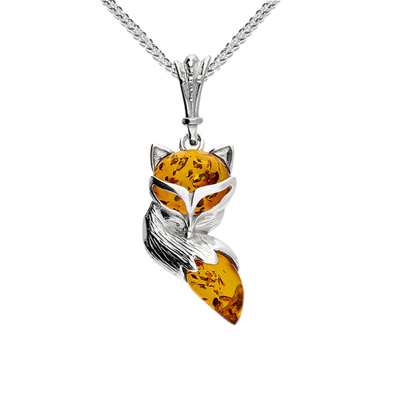 Red Fox Necklace With Amber, Sterling Silver Fox With Amber