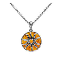 Solar Amber Sun Necklace, 925 Silver Oxidised
