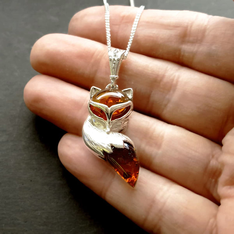 animal fox necklace silver with amber stones