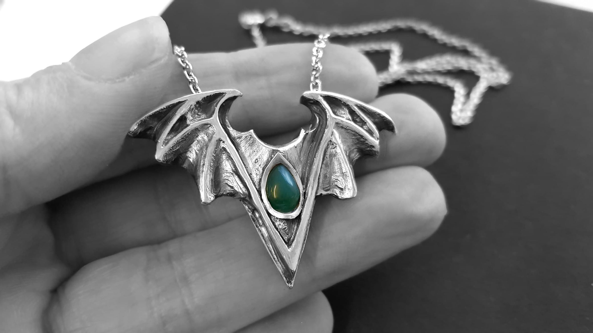 bat gothic necklace, green gothic bat jewellery