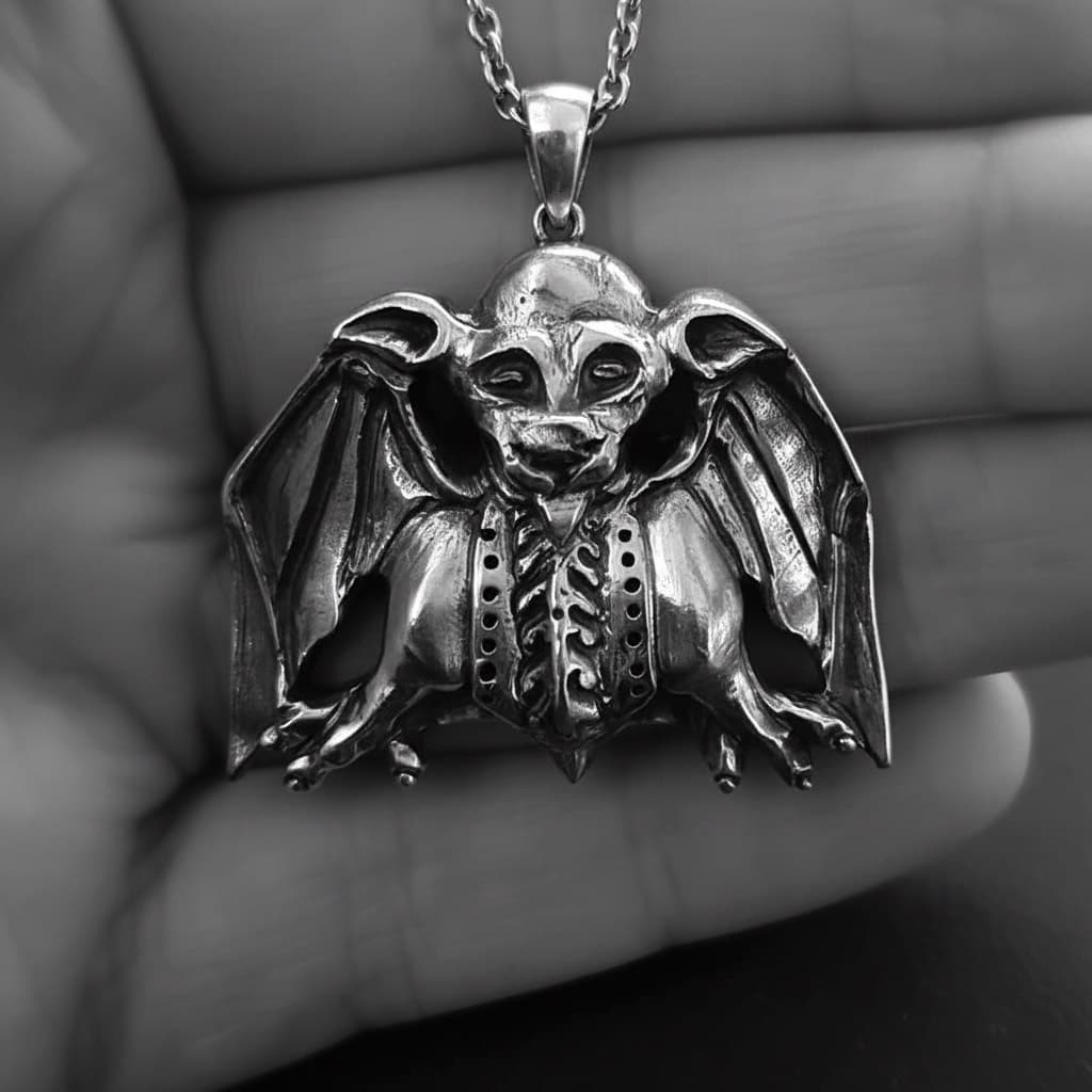 handmade sterling silver bat-grotesque necklace in hand of model 