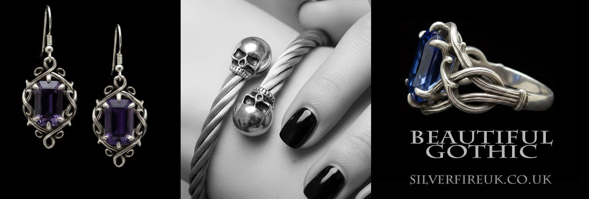 Three gothic jewellery products on a black background: a pair of silver earrings with purple gemstones, a silver skull-and-twine bangle worn on a gothic girls hand with black nail polish, and a silver ring with a blue gemstone. The right panel includes the text 'BEAUTIFUL GOTHIC' and 'SILVERFIREUK.