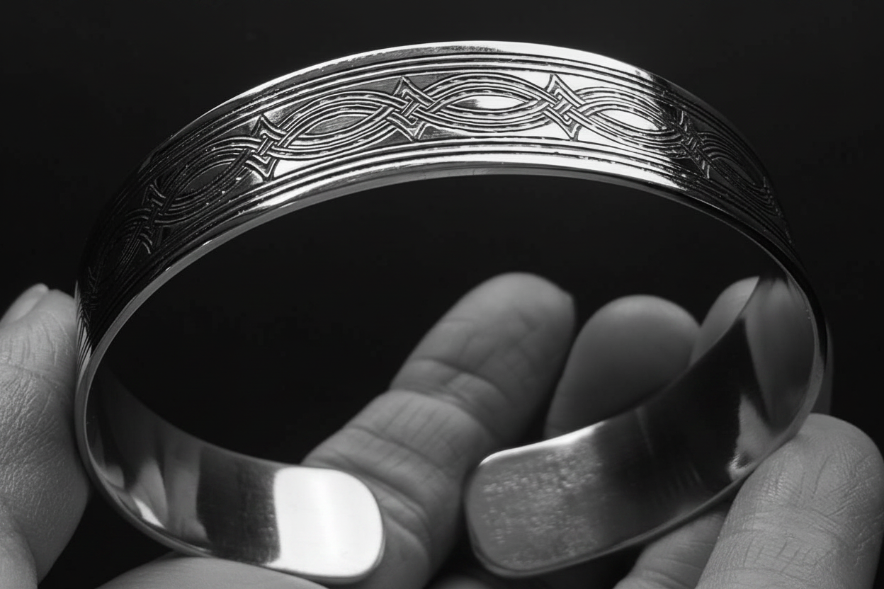 Mens Handmade Silver Bangle, Open Cuff Personalised Bracelet