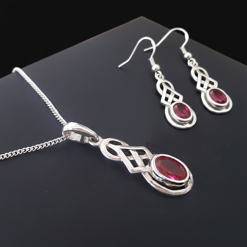 Close-up of a sterling silver Celtic  knot necklace with matching earrings set with a vibrant red ruby gemstone centrepiece.