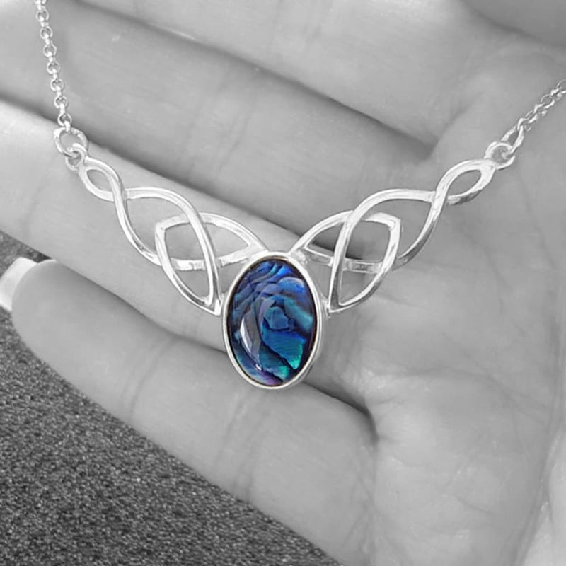 celtic necklace blue paua gemstone, silver celtic necklace jewellery for women
