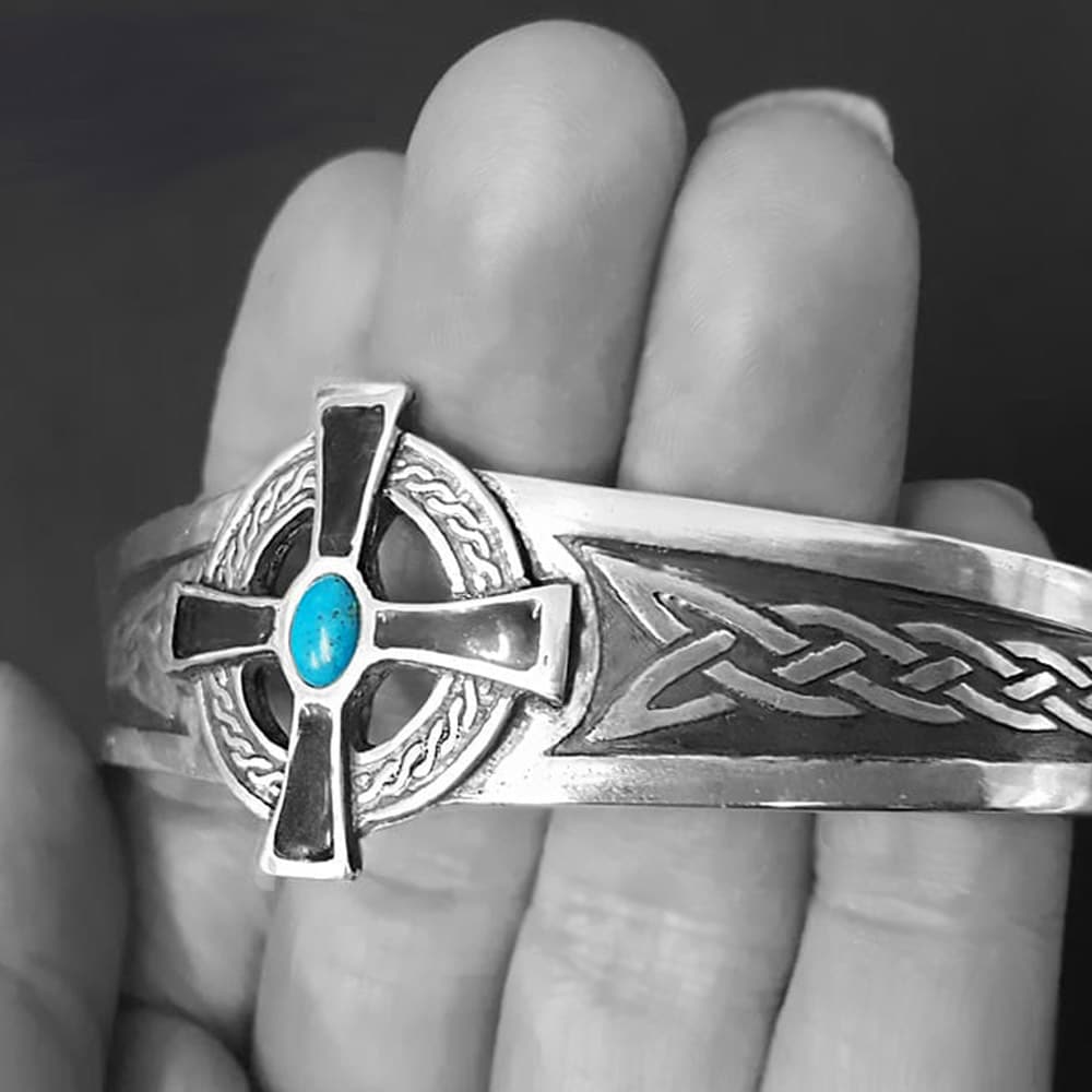 silver celtic cross bracelet with turquoise - celtic cross jewellery