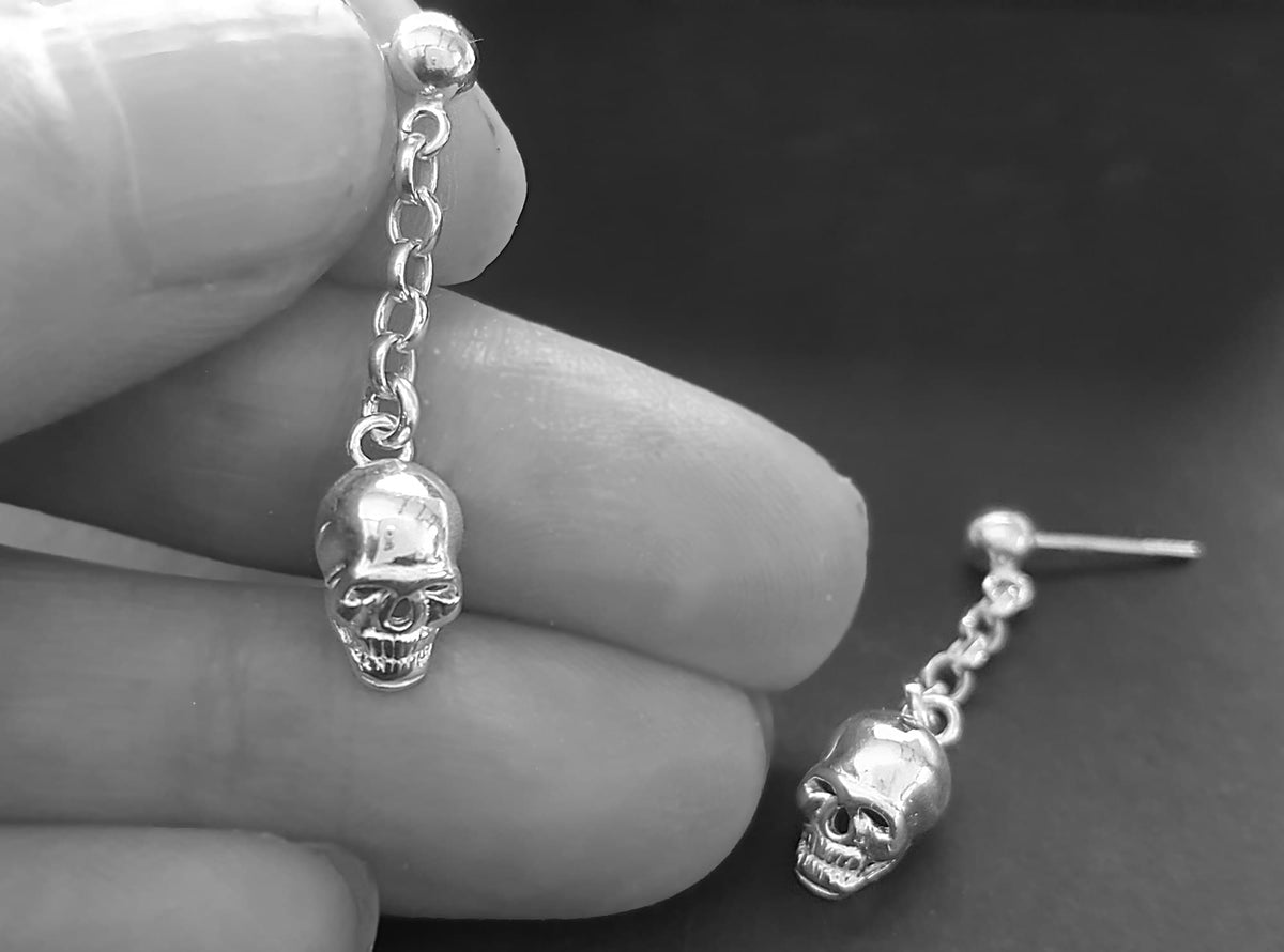 chained skull drop earrings, skull studs, silver skull jewellery 