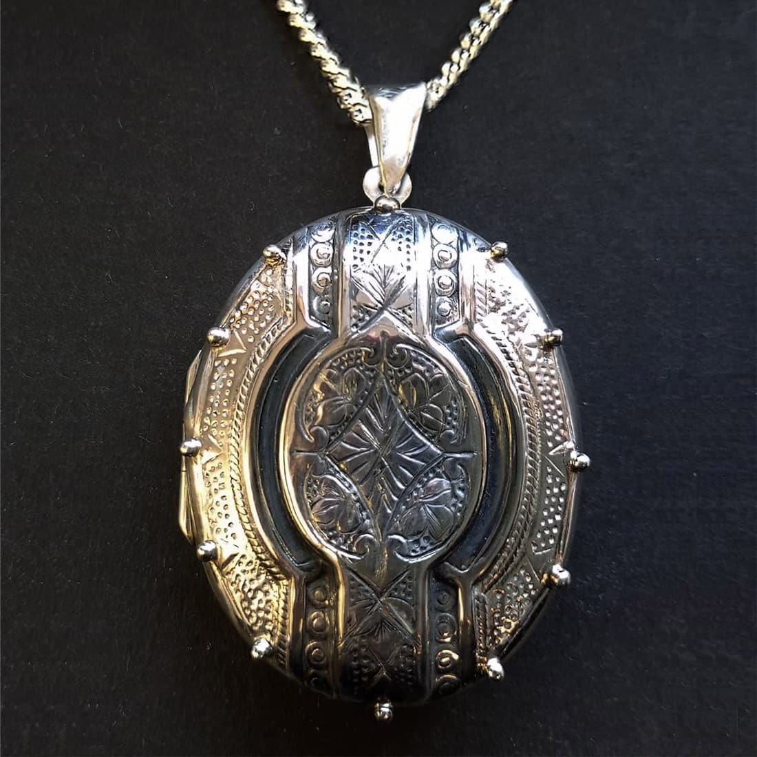 dark romance sterling silver gothic locket, victorian style with oxidised patterning
