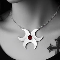 Solid silver triple moon pagan necklace featuring a deep bohemian red garnet teardrop gemstone, handcrafted in the UK by SilverfireUK