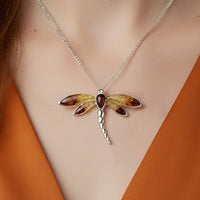 large dragonfly necklace amber and silver 