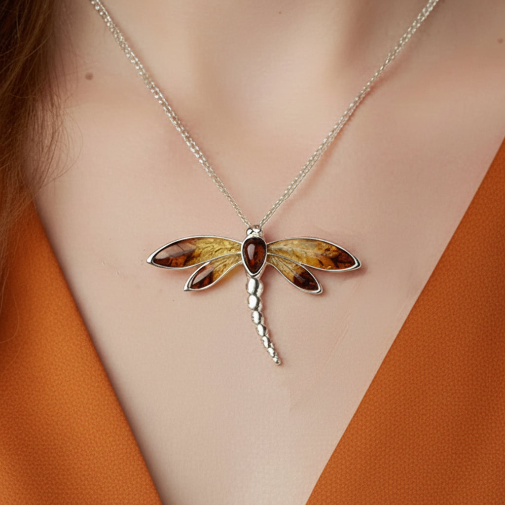 large dragonfly necklace amber and silver 