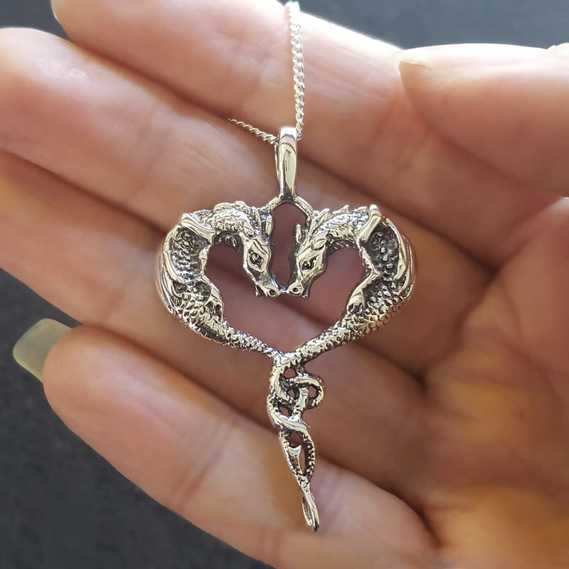 Entwined Dragon Necklace, Gothic Dragon Heart Pendant Sterling