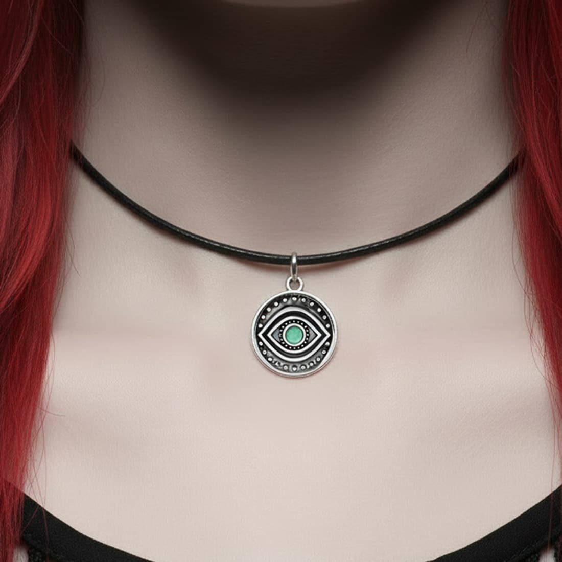 evil eye turquoise pendant choker worn by boho gothic model