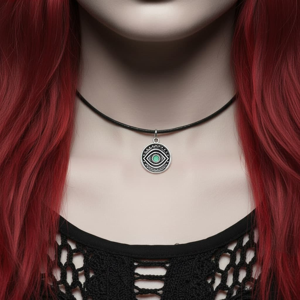 evil eye pendant on black leather cord choker, boho gothic necklace