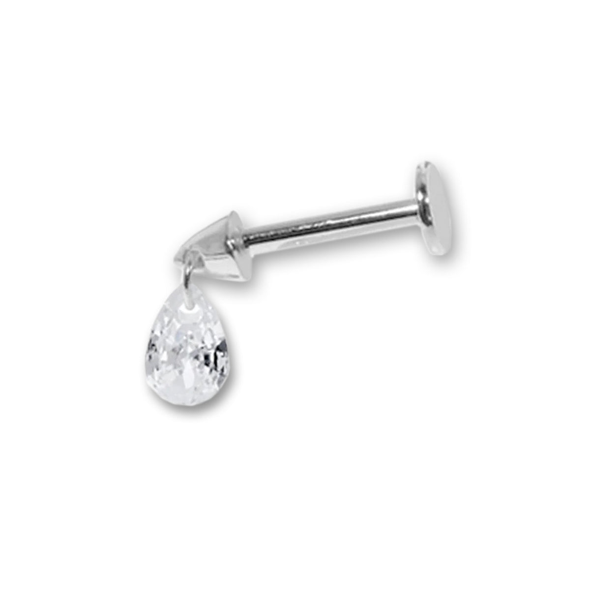 925 sterling silver flat back labret earring featuring a sparkling cubic zirconia teardrop charm drop