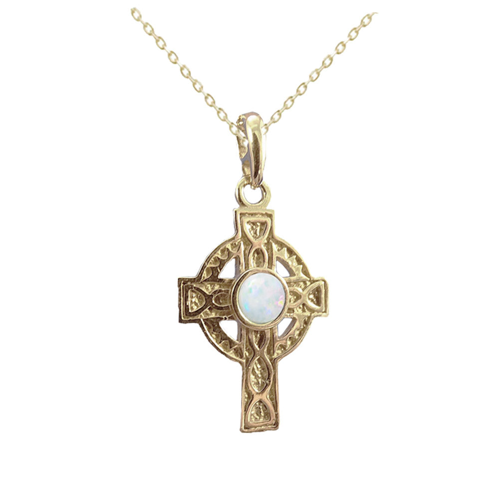 small gold celtix cross pendant necklace with opal