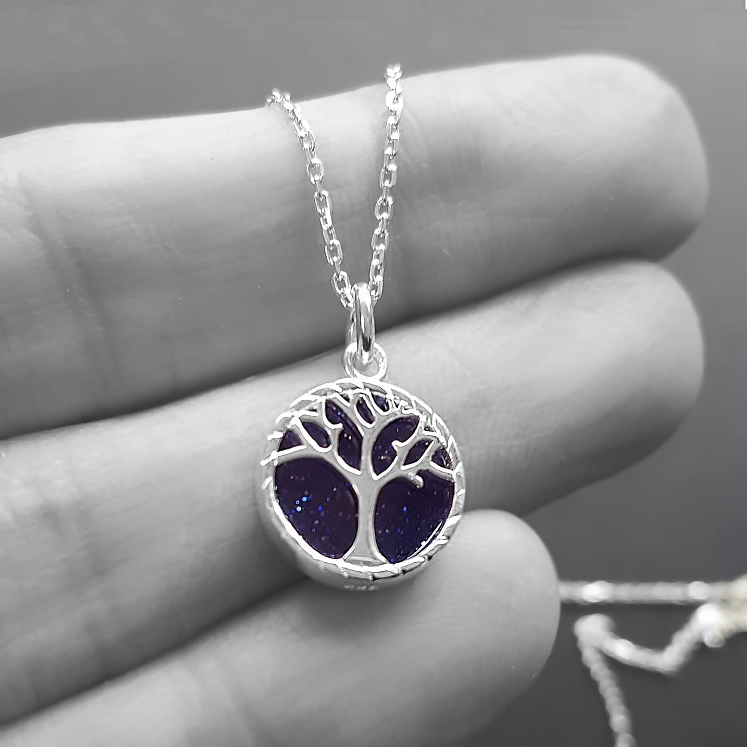 Small Tree Of Life Necklace With Blue Goldstone, Silver Tree