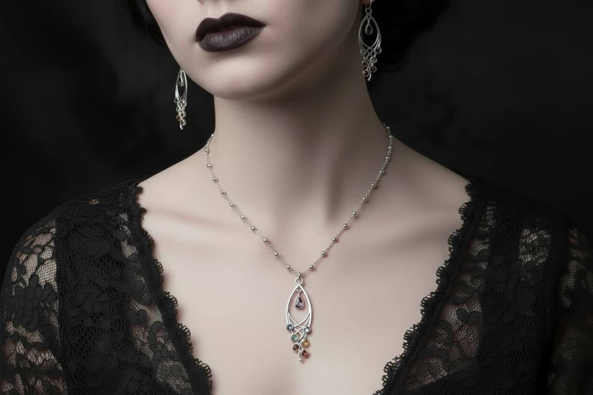 gothic gem earrings on goth girl