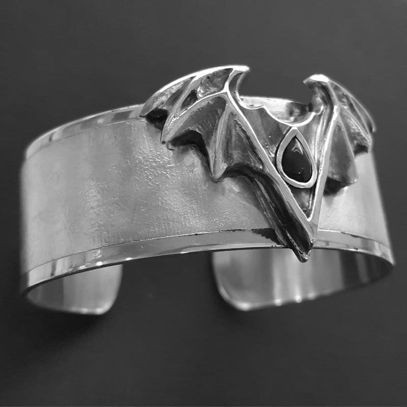 Goth Bangles Big Gothic Bat Cuff Bangle Sterling Silver | Heavy Black Onyx Teardrop ...