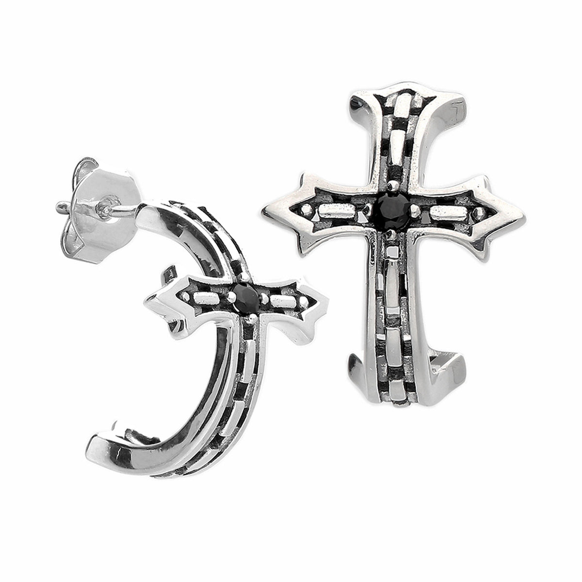 black gothic cross hoop stud earring