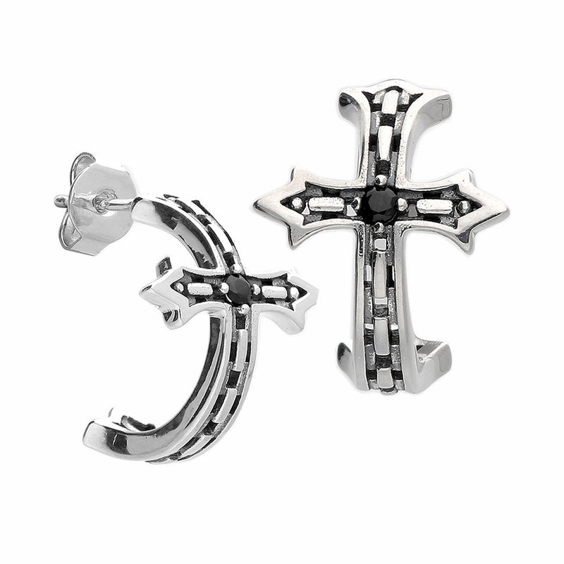 black gothic cross hoop stud earring