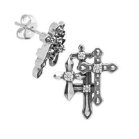 black gothic cross earrings in sterling silver oxidised with rivets and cubic zirconia 