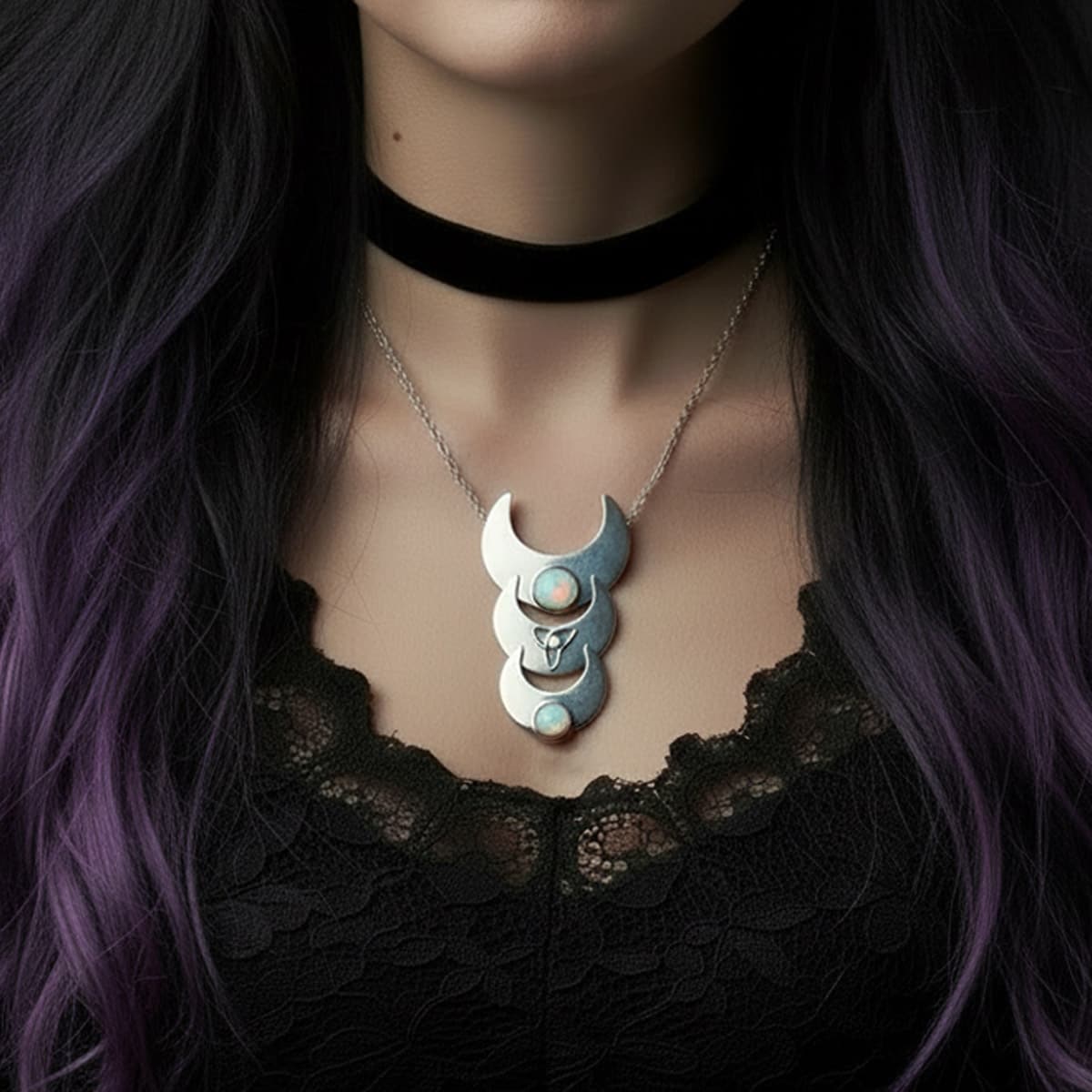 gothic lathe triple moon necklace with opals 