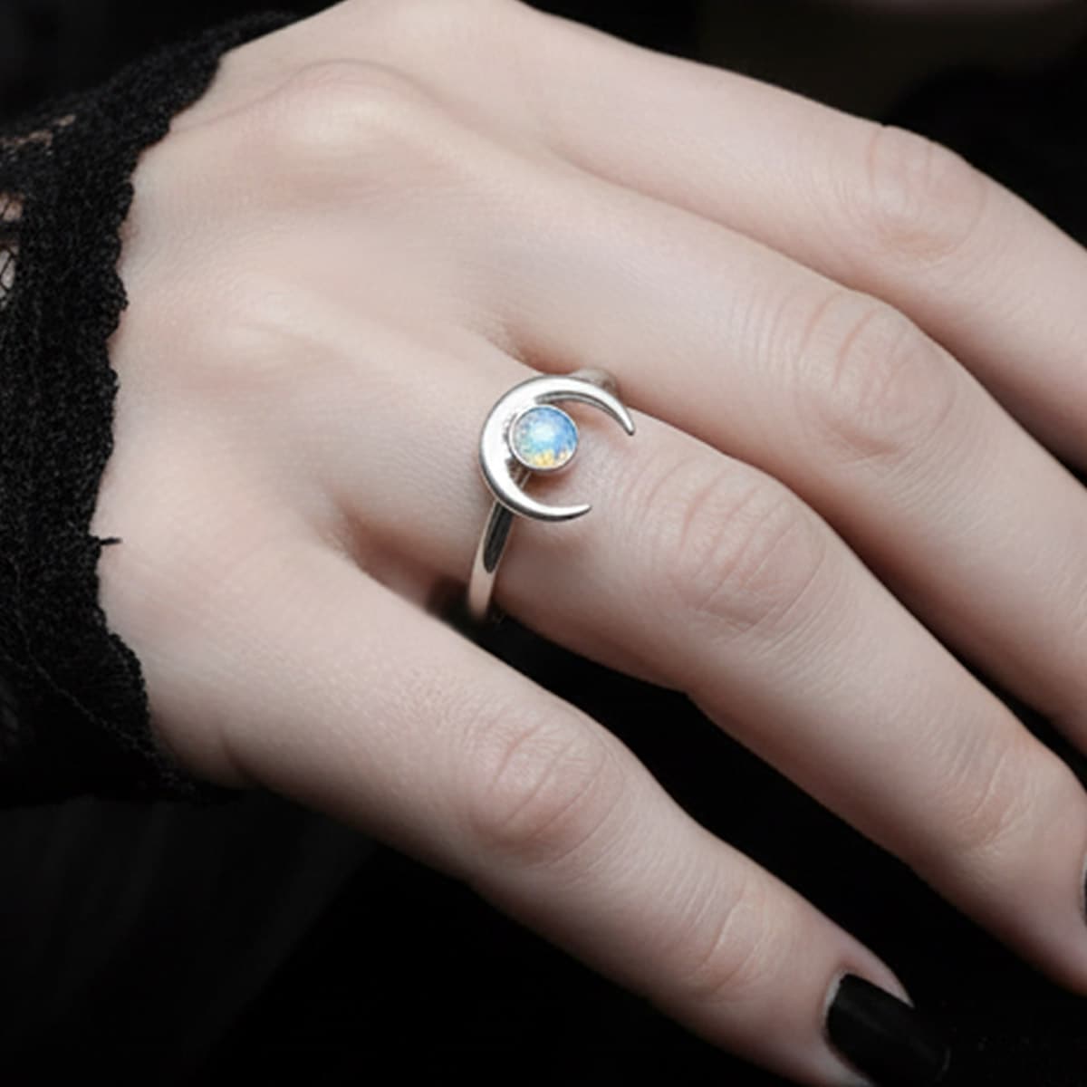 Handmade Moon Ring Solid Silver With Real Opal | Gothic Moon