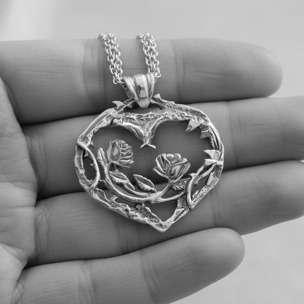 close-up of sterling silver pendant with gothic roses and horns entwined inside a heart shape, held in hand of model 