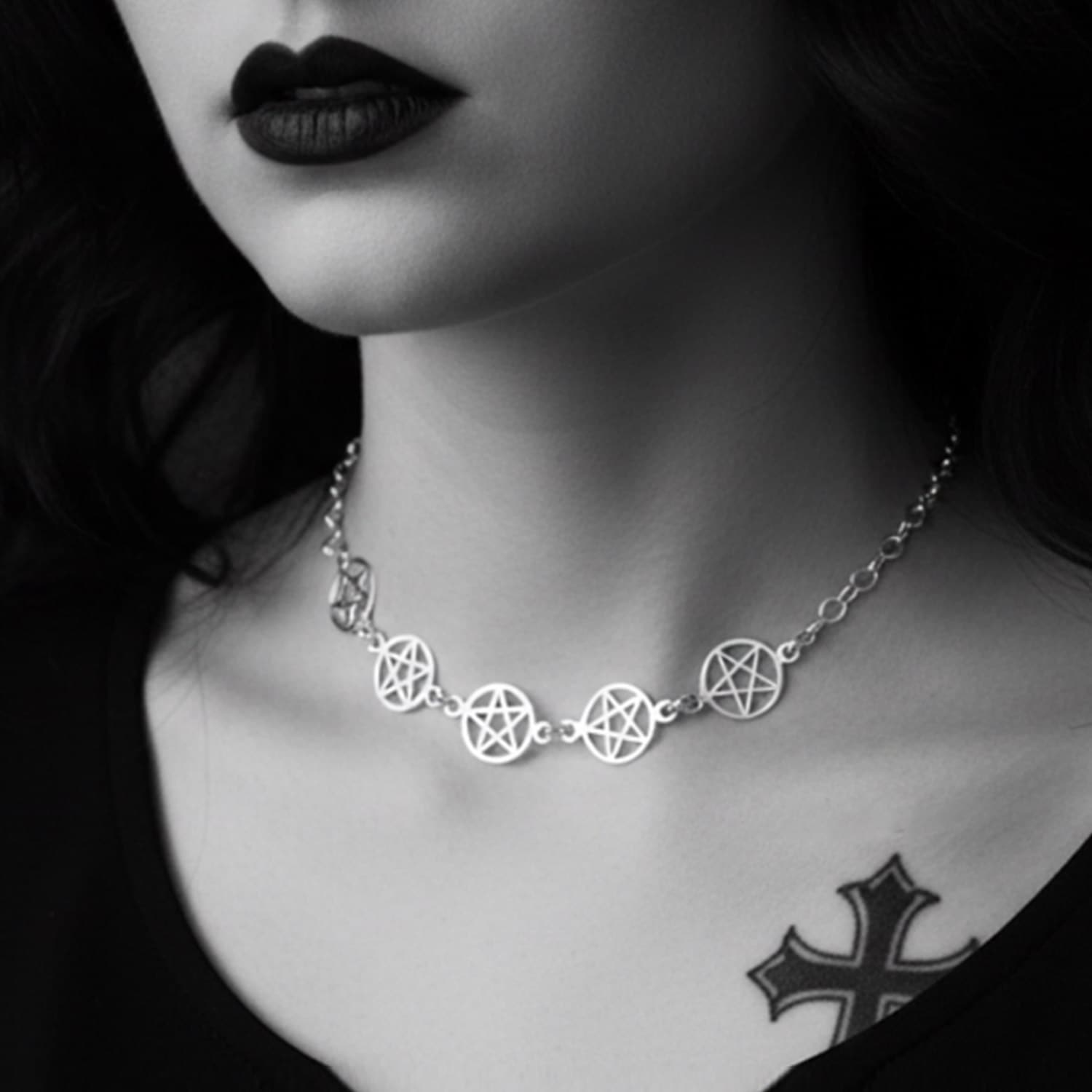 gothic silver choker with pentagrams