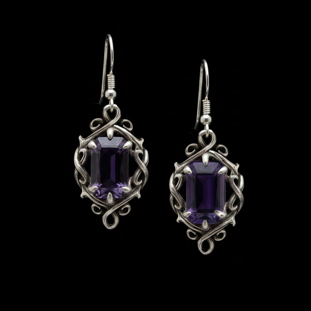 Luxury gothic sterling silver earrings "the thorns of devotion" with dark amethyst 