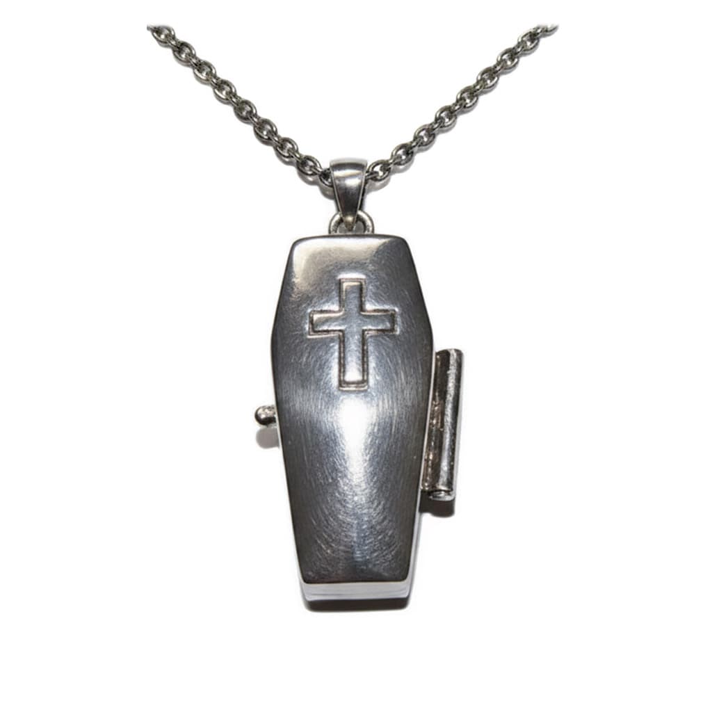 sterling silver gothic coffin locket with a goth cross on lid, hanging on an oxidised dark chain 