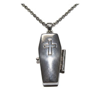 sterling silver gothic coffin locket with a goth cross on lid, hanging on an oxidised dark chain 