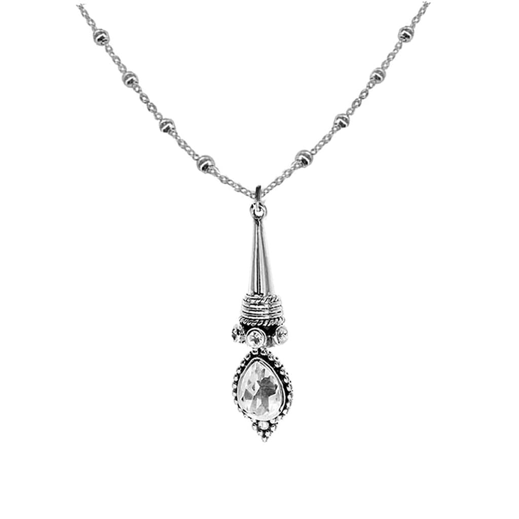 sterling silver gothic Victorian quartz teardrop pendant on beaded silver chain, vintage style jewellery
