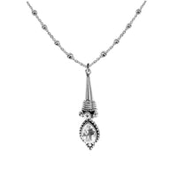 sterling silver gothic Victorian quartz teardrop pendant on beaded silver chain, vintage style jewellery