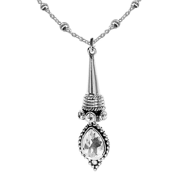 gothic Victorian quartz teardrop pendant on beaded silver chain, dark romance jewellery